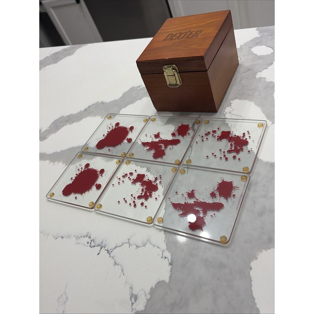 Dexter Blood Splatter Slides Glass Coaster Set of 6 Wooden Box Showtime